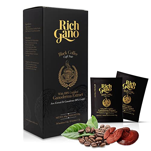 Rich Gano Reishi Mushroom Coffee – (1 Box of 30 Sachets) Black Coffee with Ganoderma Extract – All Natural Vegan Friendly Instant Coffee Packets – Zero Jitters Immune Support
