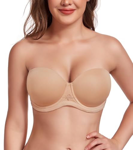 Lemorosy Damen Trägerloser BH mit Bügel Multiway Rutschfester Push Up Büstenhalter Ohne Bügel Große Größen Starker Halt Breite Rücken mit Anti-Rutsch Silikon(85E,Pekannuss)