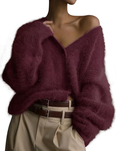 Image of COZYPOIN Womens Fuzzy Cardigan Sweater V Neck Button Down Soft Knit Coat | Loose, Comfy, Slouchy Drop Shoulder, Long Sleeve Fluffy Mohair, Warm, For Daily Work Holiday, Spring Fall Winter Fashion