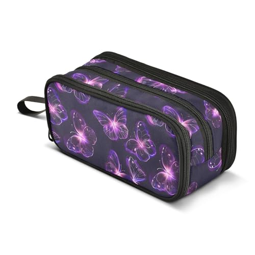 Image of Butterflies Purple Neon Pencil Case Box Boys Girls Large Pencil Pouch Zipper Compartments Big Capacity Stationery Pen Bag Organizer for Kids Teens Adults School Office