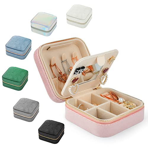 NUZEKY Reise Schmuckkästchen, Schmuck Reiseetui für Damen Schmuckkästchen Klein Samt Schmuckaufbewahrung Schmucktasch für Reisen Ringe Ohrringe Halsketten Ohrstecker-Schmuck Organizers(Rose) Cover