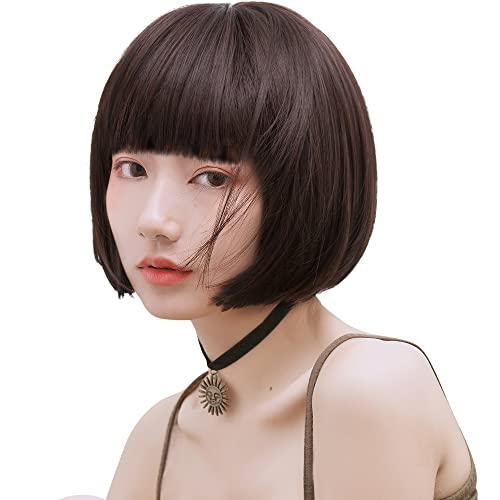 HSPJHTM Bob Wigs With Thick bangs 10" Brown Hair Wig Daily,Halloween