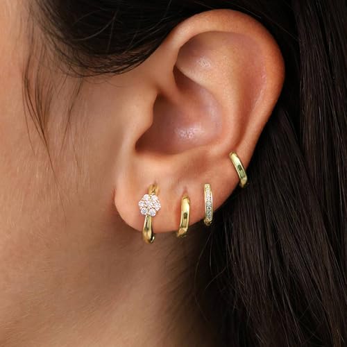 Image of 4Pairs Statement Gold Hoop Earrings for Women Trendy,Surgical Steel Gold Plated Hoop Hypoallergenic Earrings Set,Titanium Hoops Earring Stacks,CZ Cartilage Huggie Hoops Earring Gifts for Girlfriend