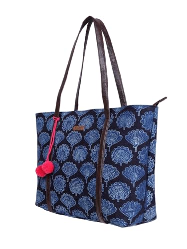 Image of NEPRI Oversized Office Tote Bag | Stylish Tote Bags | Purse for Women | Vegan Leather & Hanblock Printed Fabric Handbag with Double Handle Shoulder Strap| Daily & Travel Use