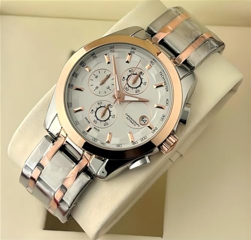 Image of Men's Luxury Analog Watch, Round Rose Gold Case, Black Dial, Stainless Steel Two-Tone Bracelet Strap for Office, Business