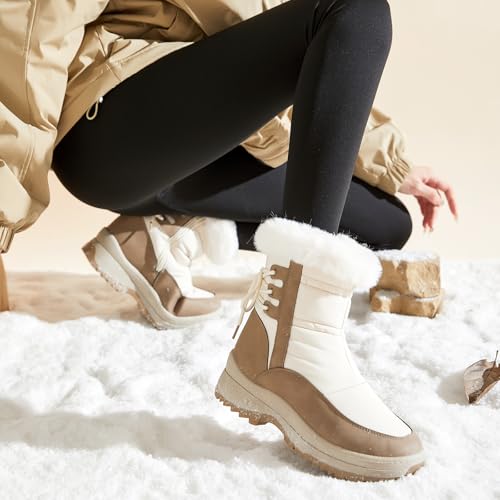 XRH Women's Black Waterproof Snow Boots Winter Mid Calf Fur Lined Boots for Women Non-Slip Fuzzy Platform Booties for Cold Weather(Beige Brown,US8) by XRH - Used condition - Image 2