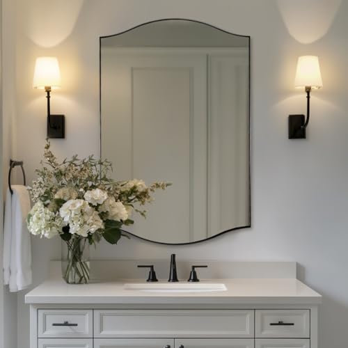Image of ANDY STAR 24 inchx36 inch Black Bathroom Mirror, Rectangle Scalloped Wall Mirror in Stainless Steel Metal Frame, Modern Matte Black Finish with Curved Edge Design, Wall-Mount Vertically or Horizontally