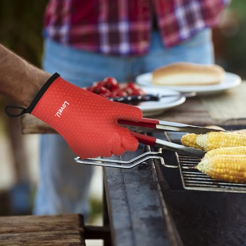 Image of Kitchen Oven Gloves - Dual-Layer Heat Resistant Grilling Gloves, Silicone Oven Mitts with 5 Fingers, Waterproof Non-Slip Pot Holder for Barbecue, Cooking, Baking (XL-XXXL, Red)