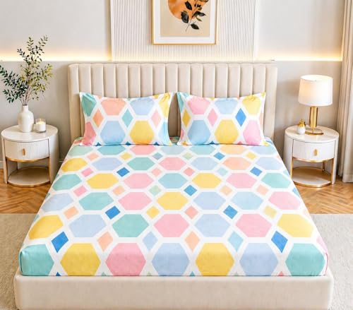 Image of Castiqa Elastic Fitted Supersoft Premium Brushed Cotton 200TC King Size Bedsheets with 2 Pillow Covers (Fits Upto Mattress of 10 Inches) (King (72x78), Hexa)