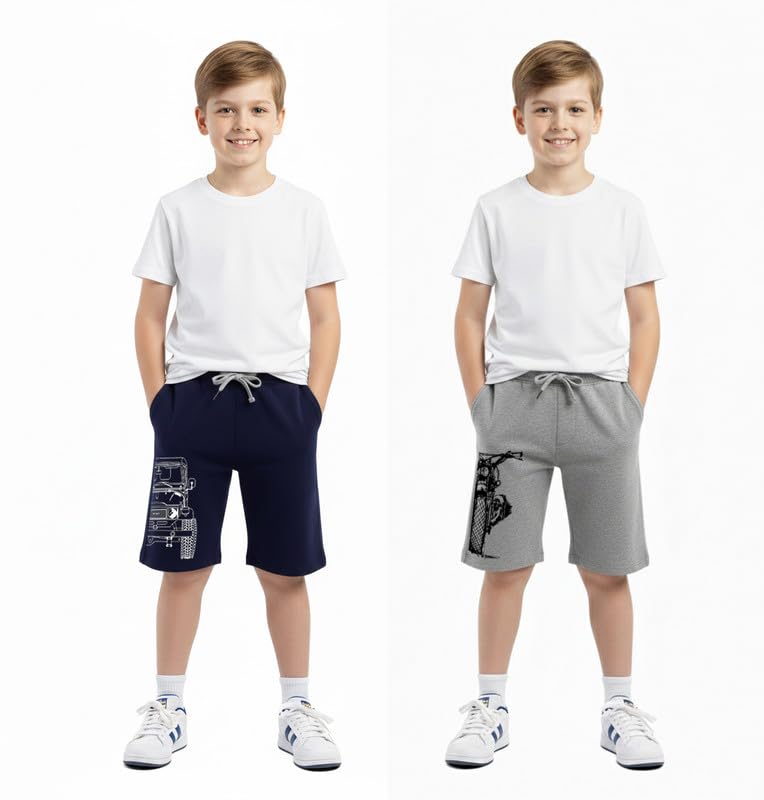Image of hotfits Boy's Cotton Knee Length Graphic Casual Shorts with Pocket - Pack of 2