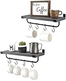 Mkono Mug Holder Wall Mounted Coffee Mug Rack Set of 2 Rustic Floating Shelf for Coffee Bar Accessories Wood Tea Cup Hooks Hanger for Organizing Cooking Utensils, Home Kitchen Decor, Grey