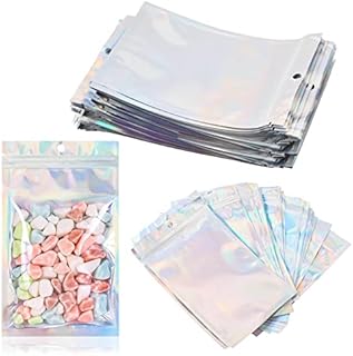 50 Pcs Mylar Foil Ziplock Bags,Smell Proof Ziplock Bags,Holographic Ziplock bags,Foil Bags Resealable Ziplock Bags Holographic Colour Smell Proof Bags,for Coffee Beans Candy Cookies Jewelry (7x10cm)