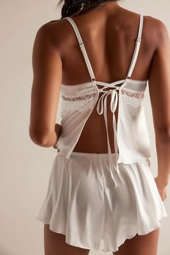 Image of ROAONOCOMO Women Lace Trim Pj Shorts Set Square Neck Coquette Tank Top Silk Satin Pajama Set Babydoll 2 Piece Shorts Outfit