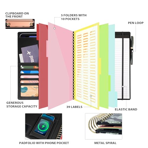 Image of Ospelelf Clipboard with Storage for Women, Leather Padfolio Portfolio Organizer 5 Folders with 10 Pockets, Spiral Clipboard Folio with Notepad for Letter Size, Elastic Closure and Pen Loop Floral