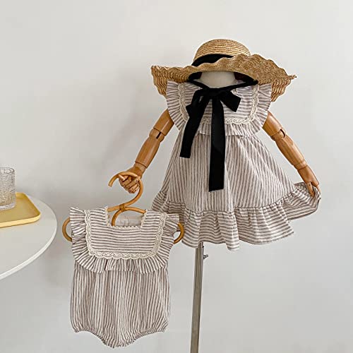 Ashmyova Toddler Girls Linen Summer Casual Dress Kids Vintage Ruffles Stripe Baby Rompers Dresses3