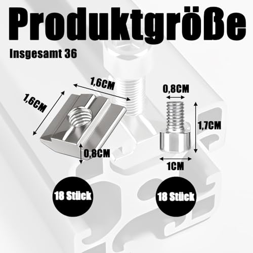 QZKJQDD 18 Stück Nutensteine M8, Nutensteine M8 Edelstahl, Mit M8-Schrauben, Wird für Extrudierte Nutführungsschienen aus Aluminiumprofil Der Serien 30 und 40 Verwendet.