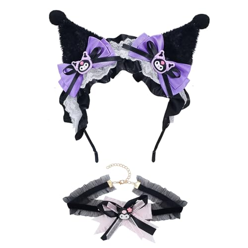 Gothic Lolita Cat Ears Headband & Lace Necklace Cosplay Accessory Set, Soft Faux Fur Plush Fox Ears & Ribbon Bows Headband for Jk Costume Party, Bow Accent Accessory Set for Daily image 5