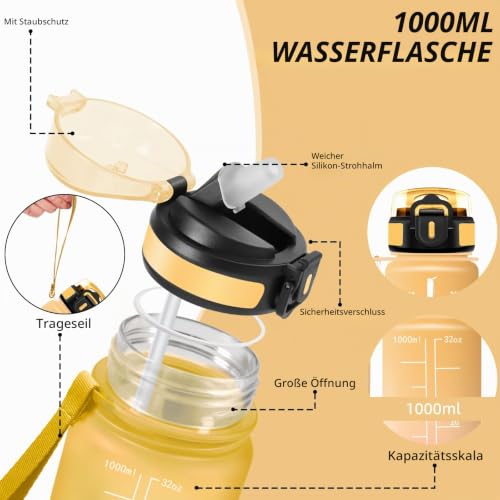 Trinkflasche 1l, Trinkflasche Sport, Wasserflasche mit Strohhalm, Leicht zu Reinigen, Wasserflasche Auslaufsicher… – Ansicht 3