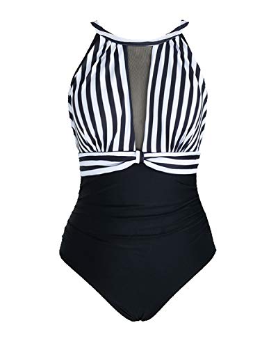 Tempt Me Women One Piece Swimsuits Black White Stripe Plunge Mesh Ruch Swimwear M #TOP2