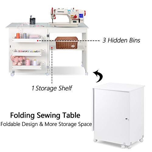 Folding Sewing Table Multifunctional Sewing Machine Cart Table Sewing Craft Cabinet With Storage Shelves Portable Rolling Sewing Desk Computer Desk With Lockable Casters(White) #TOP2