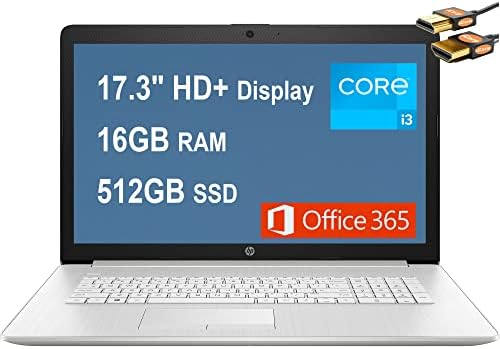 HP 17 Flagship Business Laptop 17.3″ HD+ Anti-Glare Display 11th Gen Intel Core i3-1115G4 (Beats i5-1035G7) 16GB RAM 512GB SSD Intel UHD Graphics HD Audio Webcam Office365 Win11 Silver + HDMI Cable
