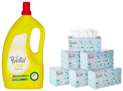 Image of Amazon Brand - Presto! 2 Ply Facial Tissue Carton Box - 200 Pulls (Pack of 6) & Amazon Brand - Presto! Dish Wash Gel - 2 L (Lemon)
