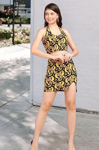Image of POPWINGS Casual Printed Backless Crop Top & Mini Slit Skirt Co-Ords Set for Women | Summer Wear | Stylish Western Two Piece