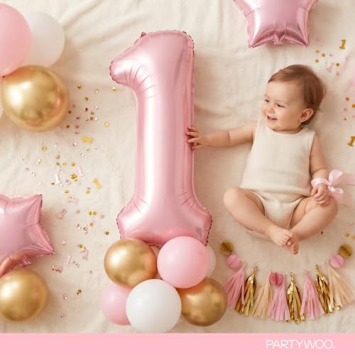 Image of PartyWoo Baby Pink Number 1 Balloon 40 Inch 25pcs Pink Foil Star White Gold
