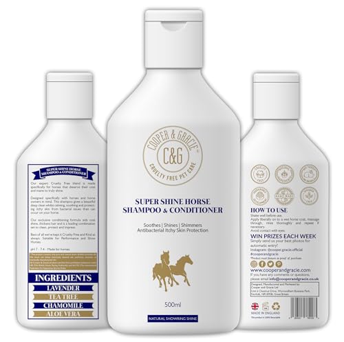 Powerful Organic Super Shine Horse Shampoo 500ml Instant Antibacterial Skin Soothing Relief by Cooper and Gracie | Cleans Effectively & Shines Hair | Low-Lathering Natural