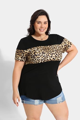 Image of CARCOS Plus Size Tops for Women Short Sleeve Summer Pullover Color Block Crewneck /V Neck Tee Tunic Loose Fit Tshirts XL-5XL