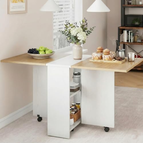 Image of TEKAVO Peyton Foldable Dining Table for Home 4 Seater | Space Saving, Movable with Wheels Folding Dining Table | 130cm x 80cm x 80cm | Mile Oak & White | DIY