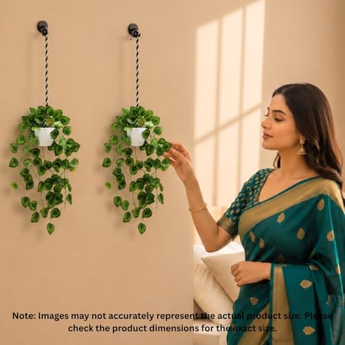 Image of fancymart Artificial Hanging Ivy Plant with White Hanging Pot & Rope, Pack of 2, Realistic Green Leaf Creeper for Home, Office, Living Room & Wall Decor, 60 cm Height