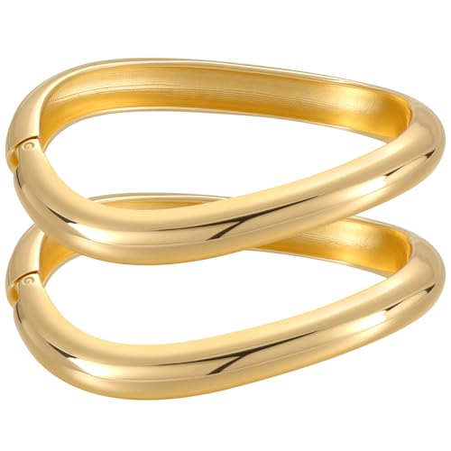 Emibele Gold Bangles for Women, 2PCS Irregular Chunky Gold Bracelet Hinged Open Bangle Bracelets for Women, Fashion Wide Arm Cuff Minimalist Chunky Jewelry Gifts for Valentine Christmas Birthday