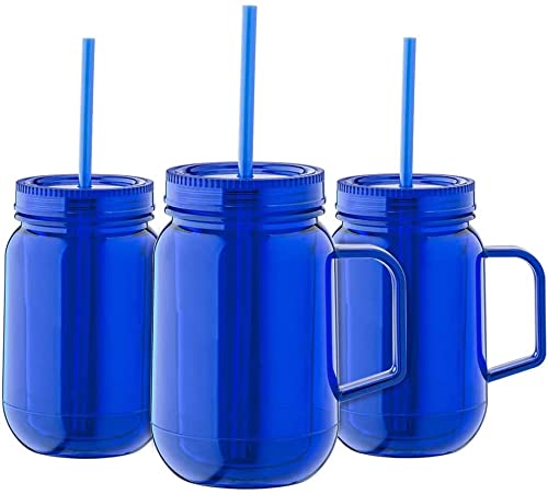 Plastic Mason Jars with Lids and Straws - 16oz Double Wall Insulated Mason Tumbler with Straw, Lid and Handle - Wide Mouth Mason Jar Mugs. (Blue, 3)