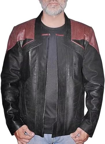 Men's Star Season 3 Captain Picard Riker Cosplay Uniform - Trek Black and Burgundy Sheepskin Leather Field Jacket2