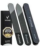 【TVシューイチで紹介】 VITOMS 爪磨き 爪やすり ガラスネイルシャイナー ロングタイプ ブラック 黒 【下処理＋光沢仕上げスポンジ付】 男女兼用 メンズ レディース 艶出し ネイルケアセット ケース付 (ロング/2種セット)