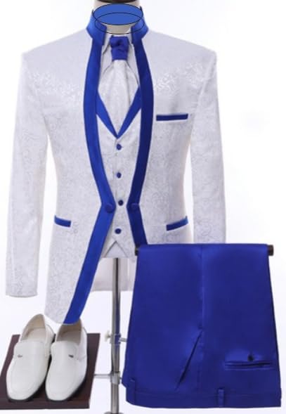 Men's 3-Piece Tuxedo Suit, White and Royal Blue, Formal Wedding Blazer with Vest and Pants2