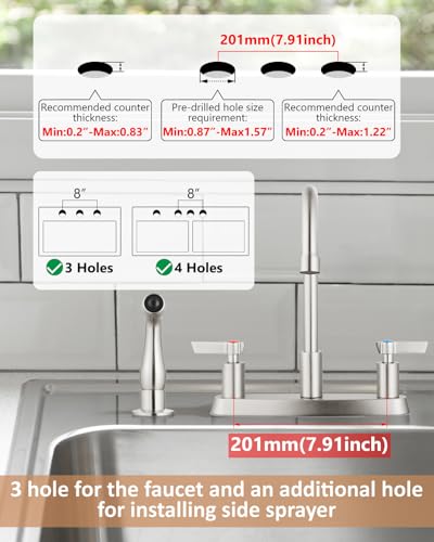 GBBNE Kitchen Faucet with Sprayer 2 Handle Kitchen Sink Faucets 8 Inch Centerset 3 Hole with Supply Lines Brushed Nickel