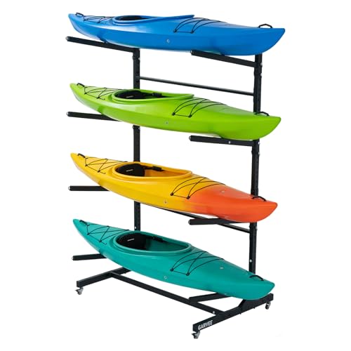 Freestanding Kayak Storage Rack with Wheels, Adjustable Kayak Racks for Garage and Outdoor, Heavy Duty Kayak Stand for Canoes, Kayaks, SUP and Surfboards, 4 Kayaks Storage Holder