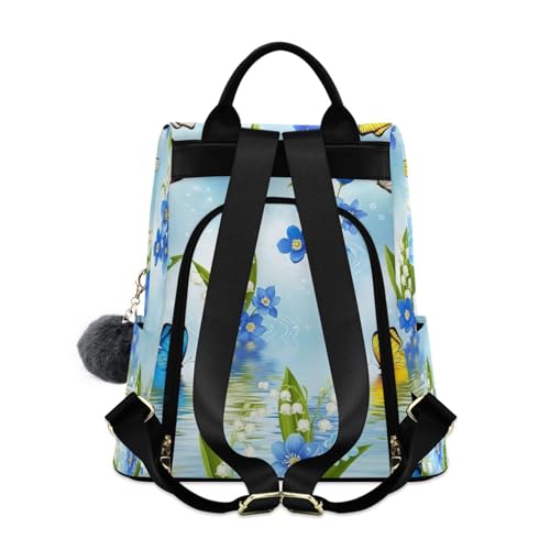 Mochila antirrobo mujer flores azules y blancas con pompón para viaje y uso diario cómodo 2