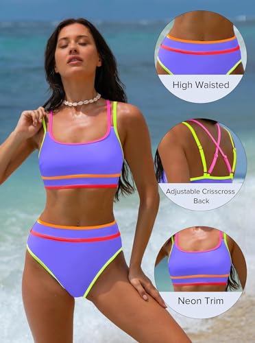 Image of popvil Women's High Waisted Bikini Sets 2026 Neon 2 Piece Swimsuit
