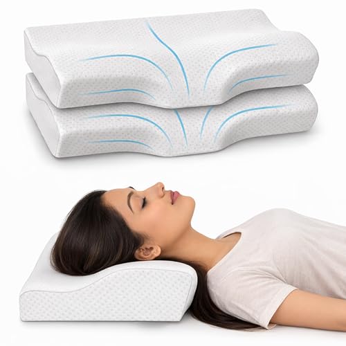 Image of CUSHIO Memory Foam Butterfly Contour Pillow (Pack of 2) Cervical Orthopedic Memory Pillow for Neck & Shoulder Pain Relief | Size 20 inchx12 inch (White)