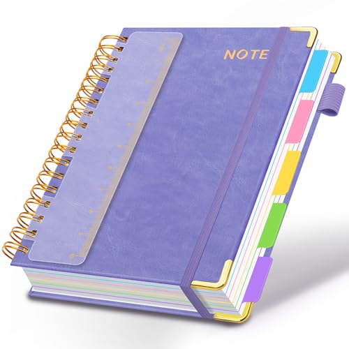 Hardcover Spiral Notebooks for Work 8.5''x 11'', 300 Pages 5 Subject Notebook with Dividers & Tabs, A4 Spiral Journal for Women, College Ruled Notebooks for School Note-Taking (Lilac Purple)