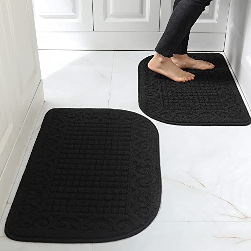 COSY HOMEER 27X18 Inch Anti Fatigue Kitchen Rug Mats are Made of 100% Polypropylene Half Round Rug Cushion Specialized in Anti Slippery and Machine Washable,Black(2 pcs)