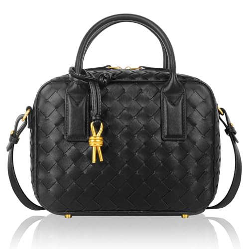 Women's Handmade Woven Top-handle Bag Fashion Leather Shoulder Handbag Crossbody Purse Woven Purse for Women(Black)