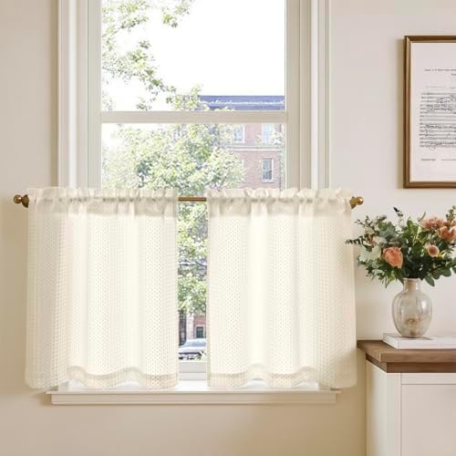 TOPICK Blickdicht Scheibengardinen Waffe Bistrogardine H60xB65 2Stück Beige | Verdunkelung Küchenvorhänge modern Lichtdurchlässig Schrank Kurzgardine Küchfenster landhausstil küche