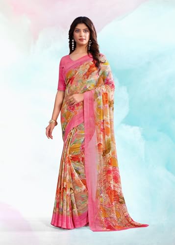 Image of Jaanvi fashion Women's Georgette Saree with Unstitched Blouse Piece
