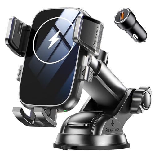 Mohard 15W Cargador Inalambrico Coche, [360° Rotación] Soporte Móvil Coche Carga Rápida Manos Libres con QC3.0 Cargador para Salpicadero, Compatible con iPhone 17/16/15/14/13/12 y Galaxy S25/S24