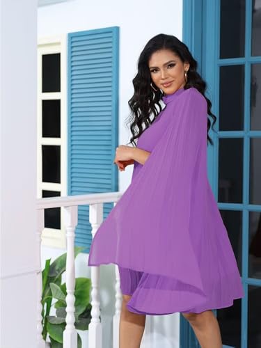 Image of Women's Casual Cape Sleeve Pleated Split Short Dress Loose Fit Cocktail Party Flowy Dress