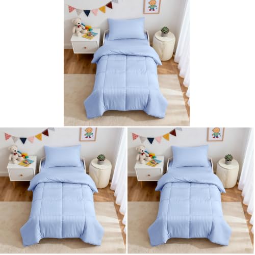 Image of ZPECC Toddler Bedding Set - 4 Piece Hypoallergenic Baby Crib Bedding Set for Boys and Girls, Includes Toddler Comforter, Flat Sheet, Fitted Sheet and Pillowcase, Baby Blue (Pack of 3)